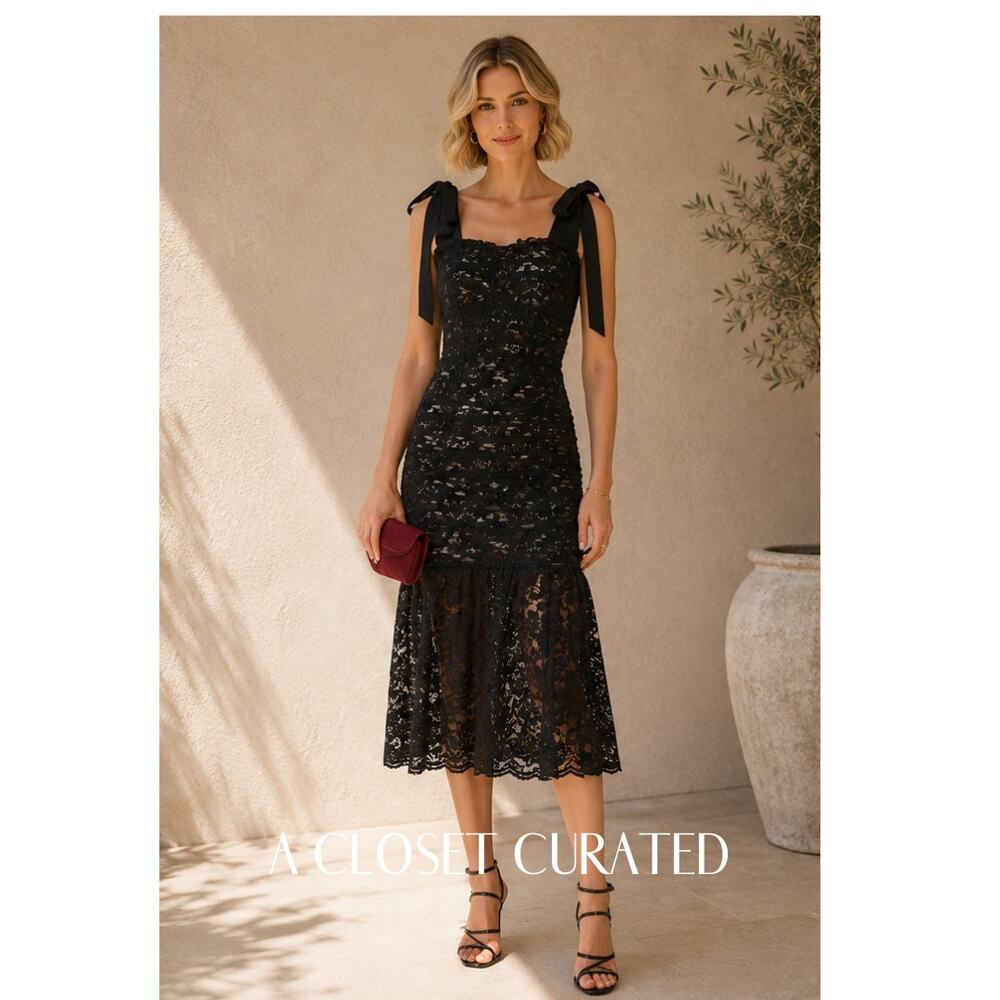 Rebecca Vallance Betty Bow Ruched Lace Midi Dress 0 Black NWT